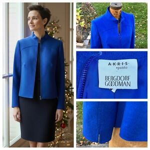 Akris Punto Jacket Women Royal Blue Mock Neck Wool Angora Old Money Sz 8 Luxury